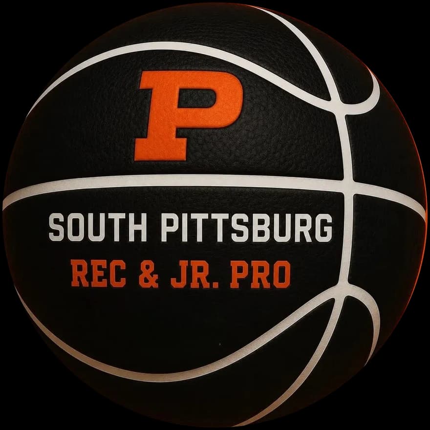The league ball: a black basketball with an orange block P and the words South Pittsburg Rec & Jr. Pro